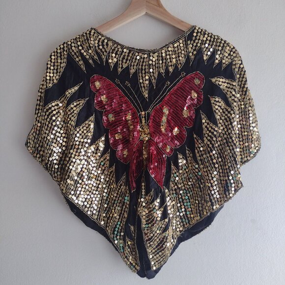 Vintage Butterfly Silk Blouse S M L Gold Red Sequin Fun Disco Going Out Top - Picture 8 of 9